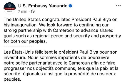 Après sa prestation de serment : Le Président Paul Biya félicité par les Etats-Unis pour son investiture