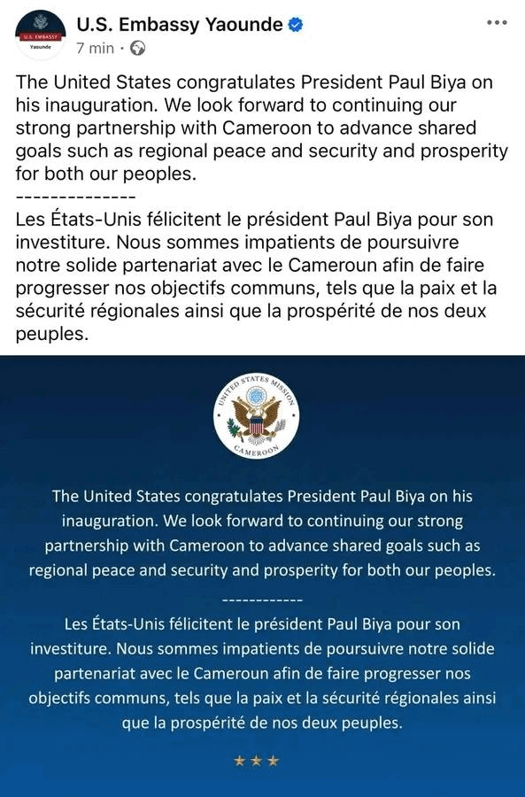 Après sa prestation de serment : Le Président Paul Biya félicité par les Etats-Unis pour son investiture