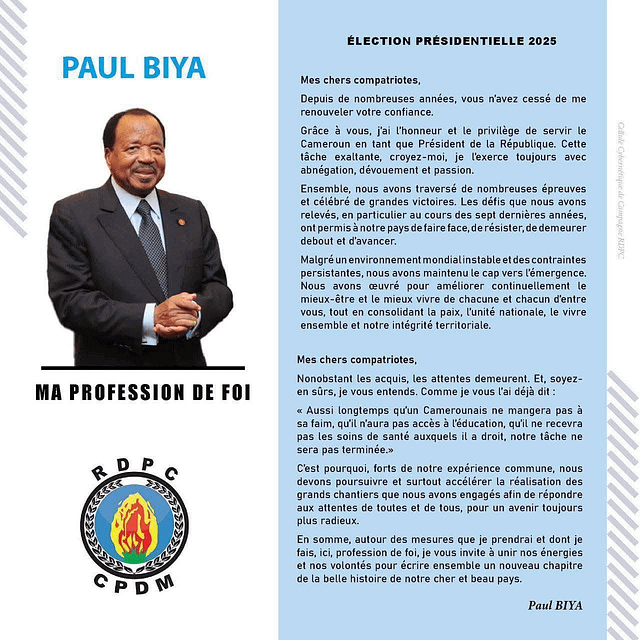 Présidentielles d’octobre : Voici la profession de foi du candidat Paul Biya
