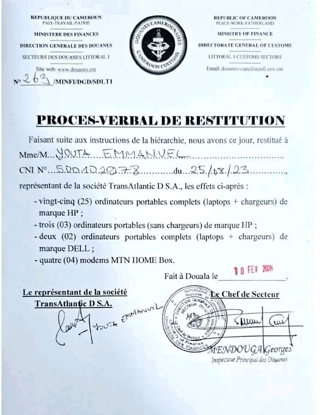 URGENT : Le matériel de scanning de Transatlantic démantelé au Port Autonome de Douala par la douane ( Procès verbal de restitution)