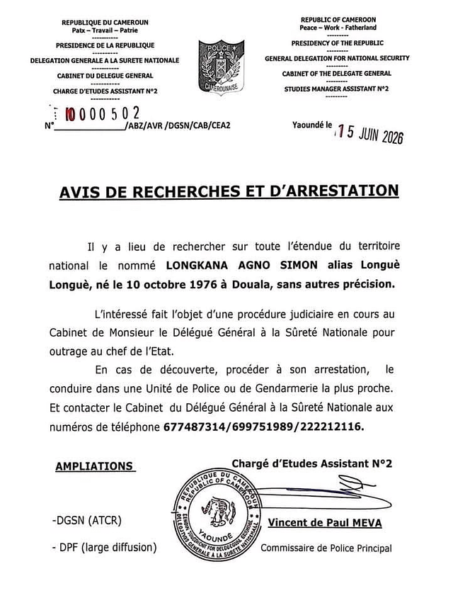Longue Longue sera arrêté une fois au Cameroun pour outrage au Chef de l&rsquo;État ( Avis de recherches et d&rsquo;arrestation)