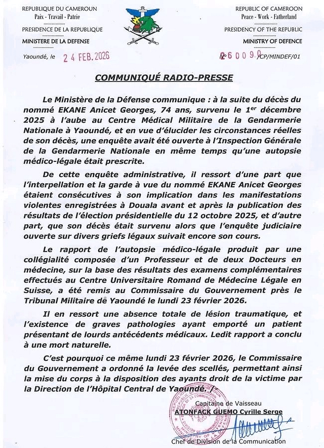 URGENT : Georges Anicet Ekane serait mort d’une mort naturelle selon l’autopsie réalisée par le pouvoir