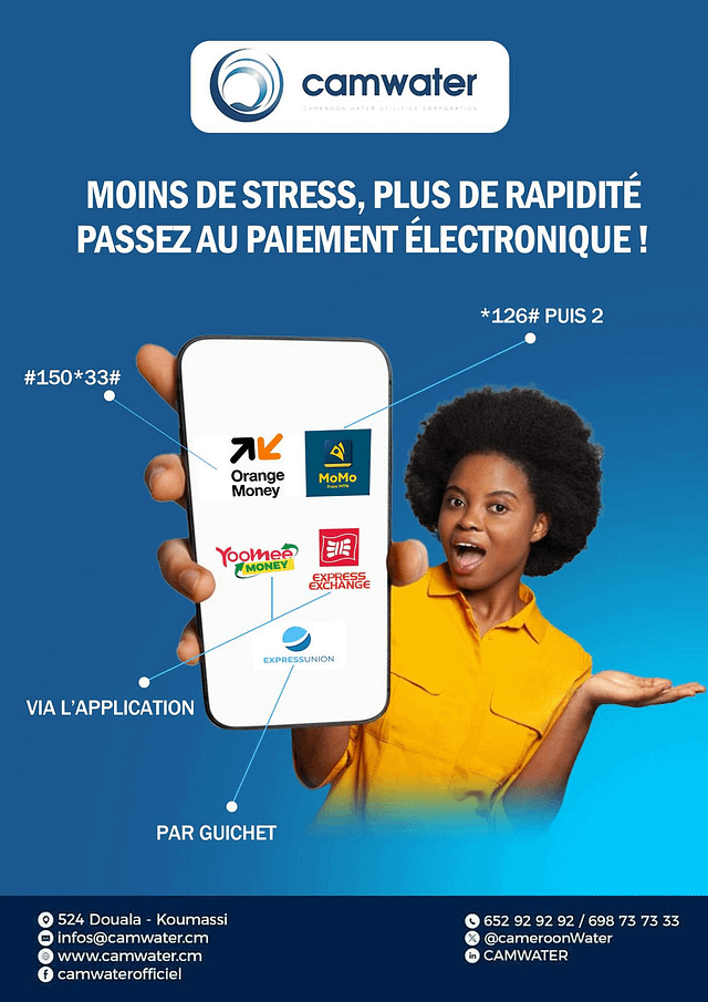 Payez vos factures d’eau courante par Mtn Money, Orange Money, Express Exchange, Yomee Money, Express Union et autres…