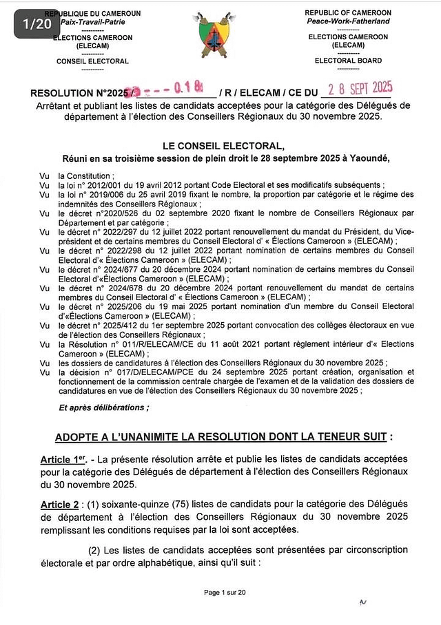 Régionales 2025 au Cameroun : Voici les listes des candidats retenus